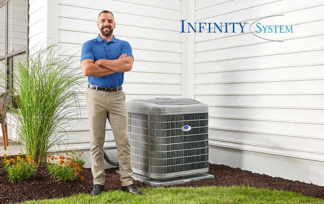 Maxime Lafrance beside a Carrier Infinity condenser